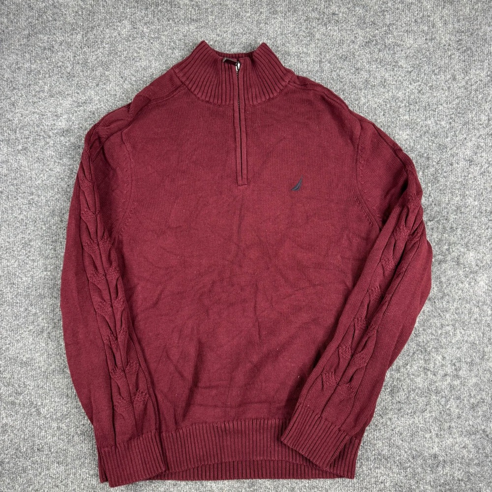 Nautica Sweater Mens Size L Burgundy Red Quarter Zip Cable Knit Cotton Pullover